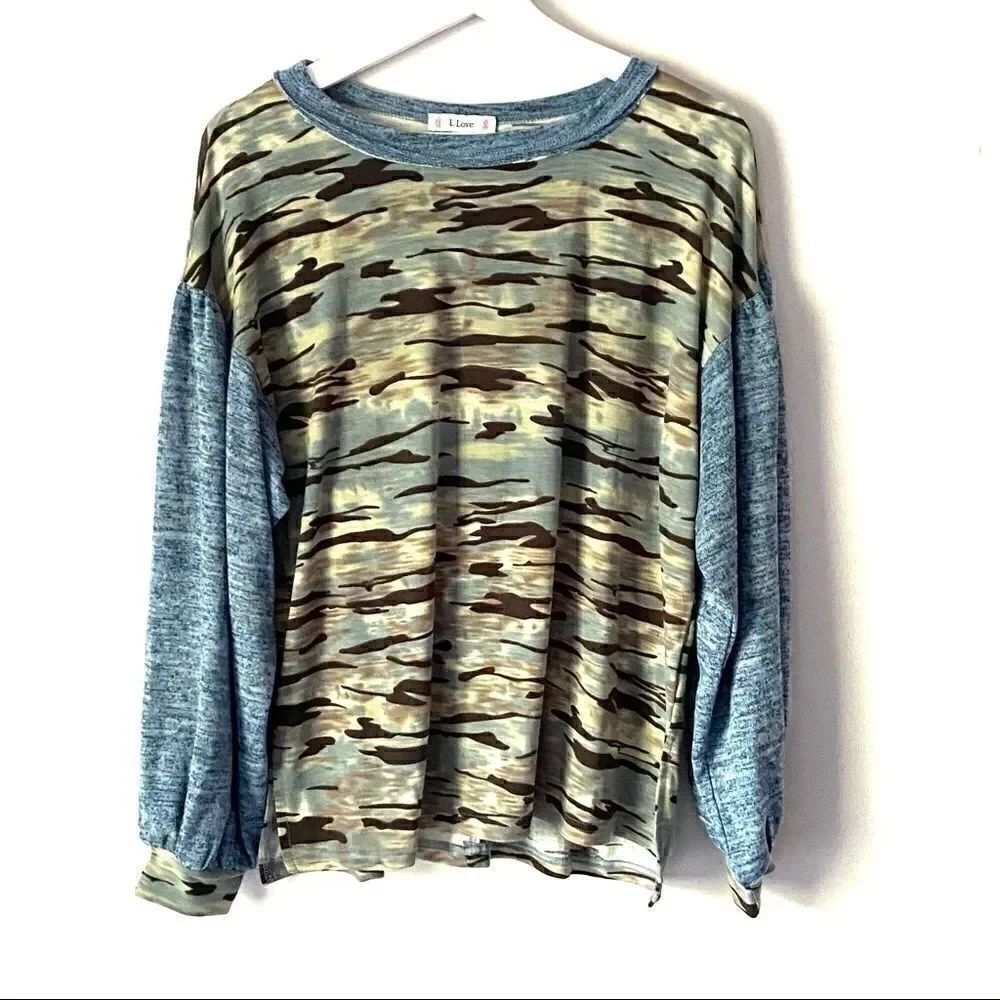 L.Love Camouflage balloon sleeve boho small